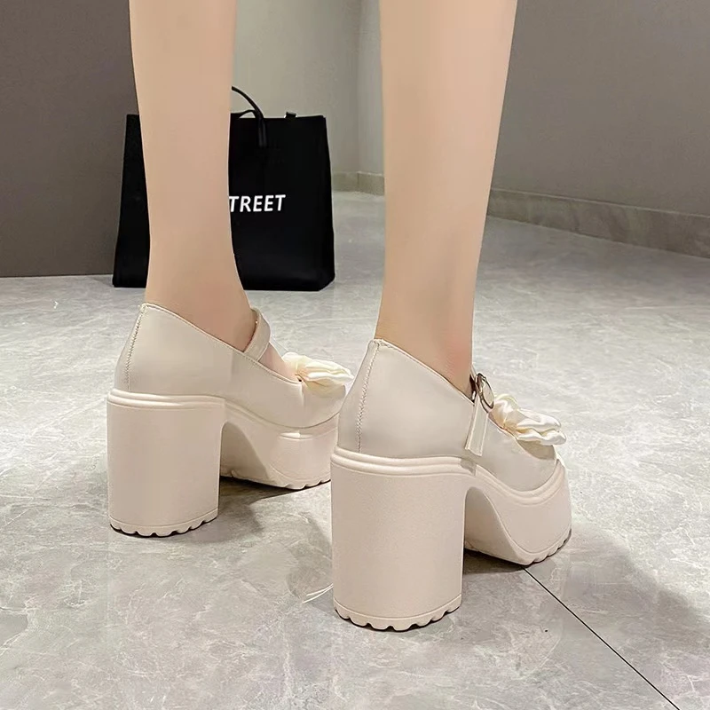 2024 Shoes Female Mary Janes Women\'s High Heels Platform Dress Pump Women Bow Tie Buckle Strap Round Toe Chunky Heel Shoes Women