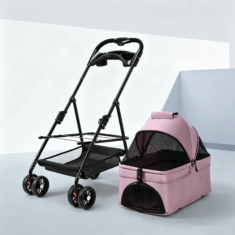 Faltbarer Haustierkinderwagen, 4 Räder mit 360° ° Mit Bremse, mit Aufbewahrungskorb und Getränkehalter, leichter Reise-Kinderwagen für kleine und mittelgroße Hunde und Katzen, in den Farben Grau/Schwarz/Blau/Rosa/Grün. – Detail 5