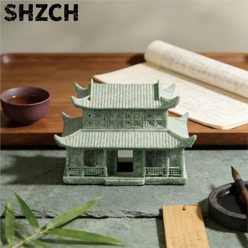 Chinese style Green Sandstone Antique Pavilion Stone Handicrafts Home Living Room Tea Table Decor Stone Crafts Landscape ZI945