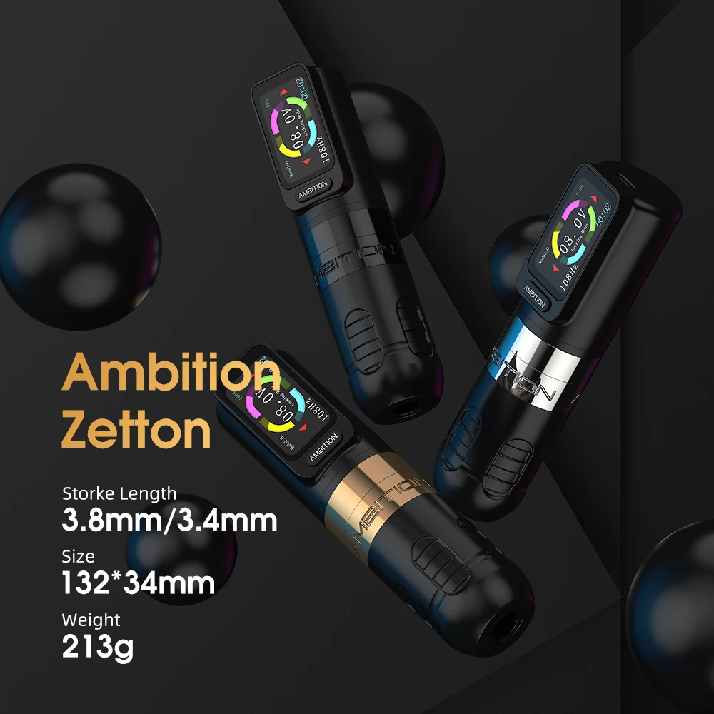 Ambition Zetton ชุดตรงไร้สายสักปากกา 4.0 มม.3.5 มม.มอเตอร์ไร้แปรง 2400mAh แบตเตอรี่หน้าจอสัมผัส