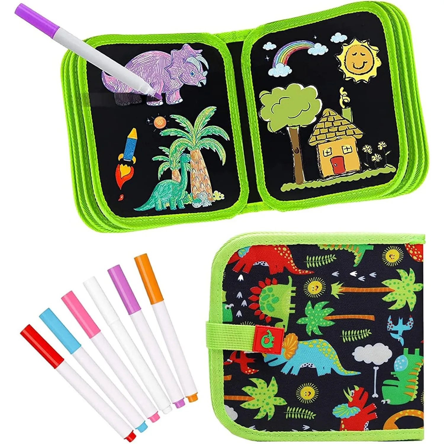 

Green Dinosaur Erasable Book Doodle Set Magic Drawing Book Reusable Drawing Book 12 Watercolor Pens 14 Page Drawing for Kids