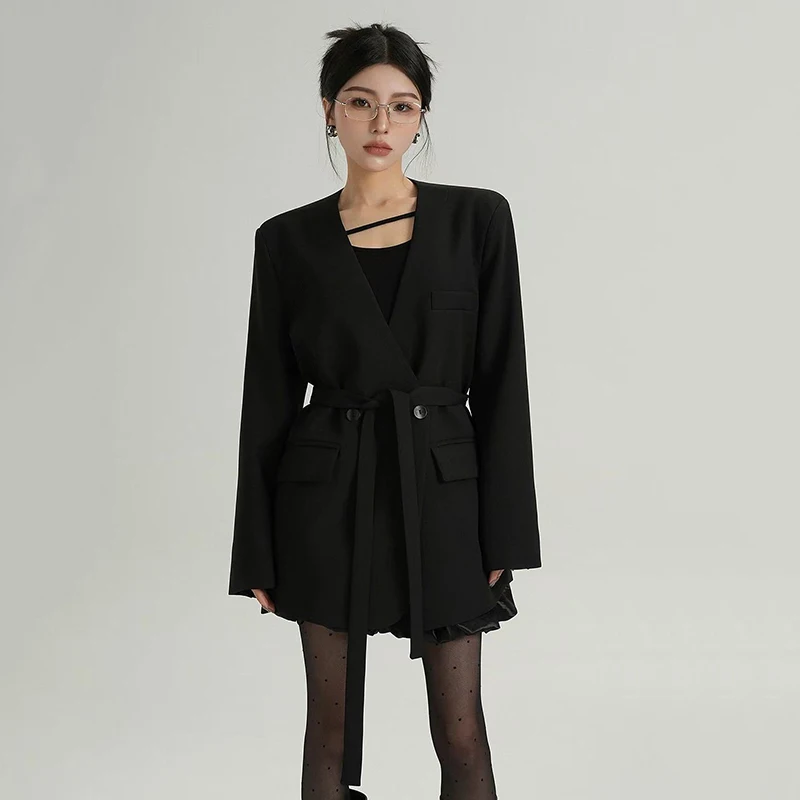여성을위한 블랙 블레이저 가을 우아한 오피스 레이디 V 넥 정장 재킷 Y2K 한국 streetwear 느슨한 싱글 브레스트 여성 outwears