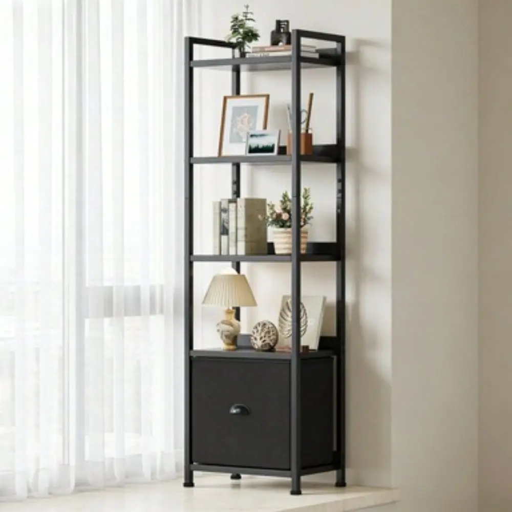 

Tier Bookshelf With Drawer, Tall Narrow Bookcase Storage Organizer, Wood And Metal Industrial Display Standing Shelf Unit For B