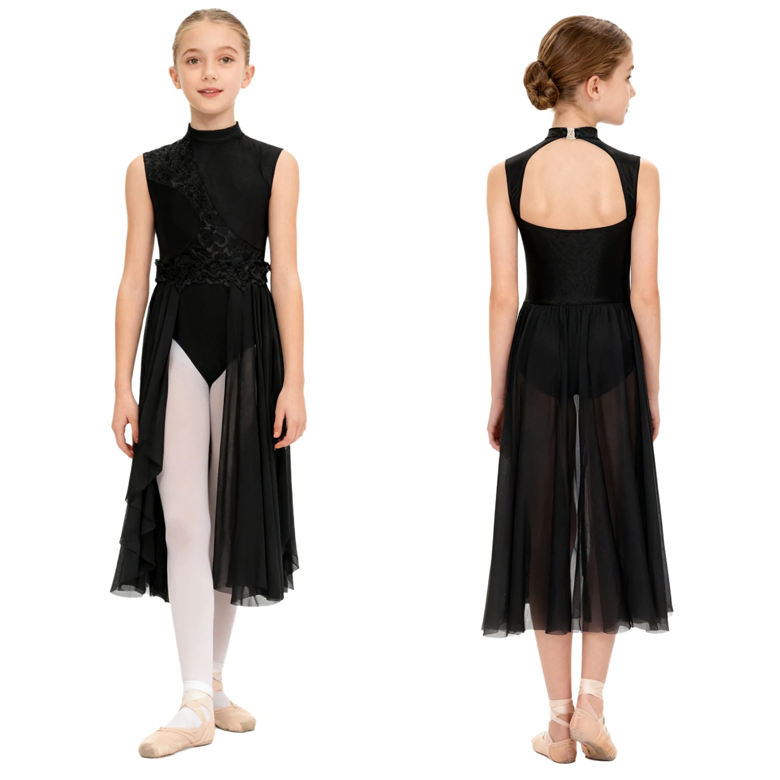 

Kids Girl Ballet Lyrical Modern Dance Dress Figure Skating Performance Gymnastics Clothes Sleeveless Floral Lace Leotard Dress