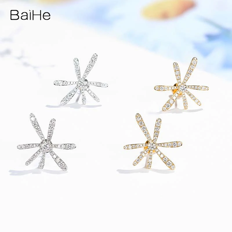 BAIHE Solid 14K White/Yellow Gold H/SI Natural Diamond Flower Stud Earrings for Women Wedding Fine Jewelry pendiente イヤリング