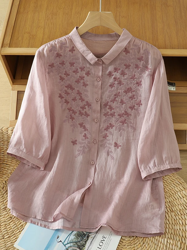 كتان مطرز غير رسمي irt رقيقة ort Sve بدوره إلى أسفل طوق زر متابعة المرأة حجم كبير الصيف irt الفني Sle #4