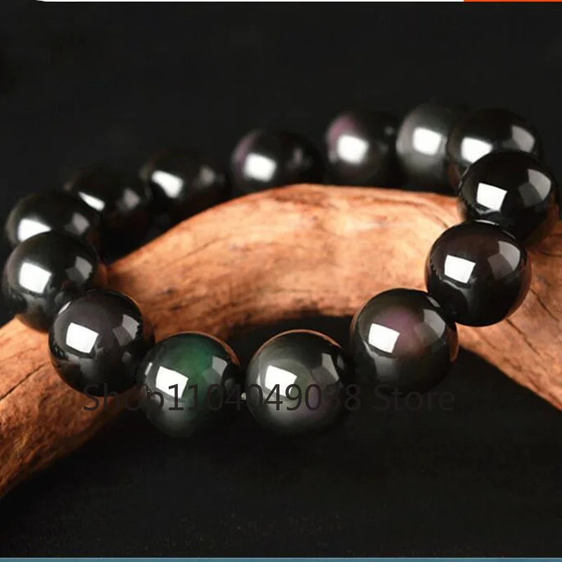 Natural Rainbow Eye Obsidian Bracelet Men Women Healing Jewelry Colored Obsidian Round Bead Elastic Beaded Lucky Amulet Bracelet