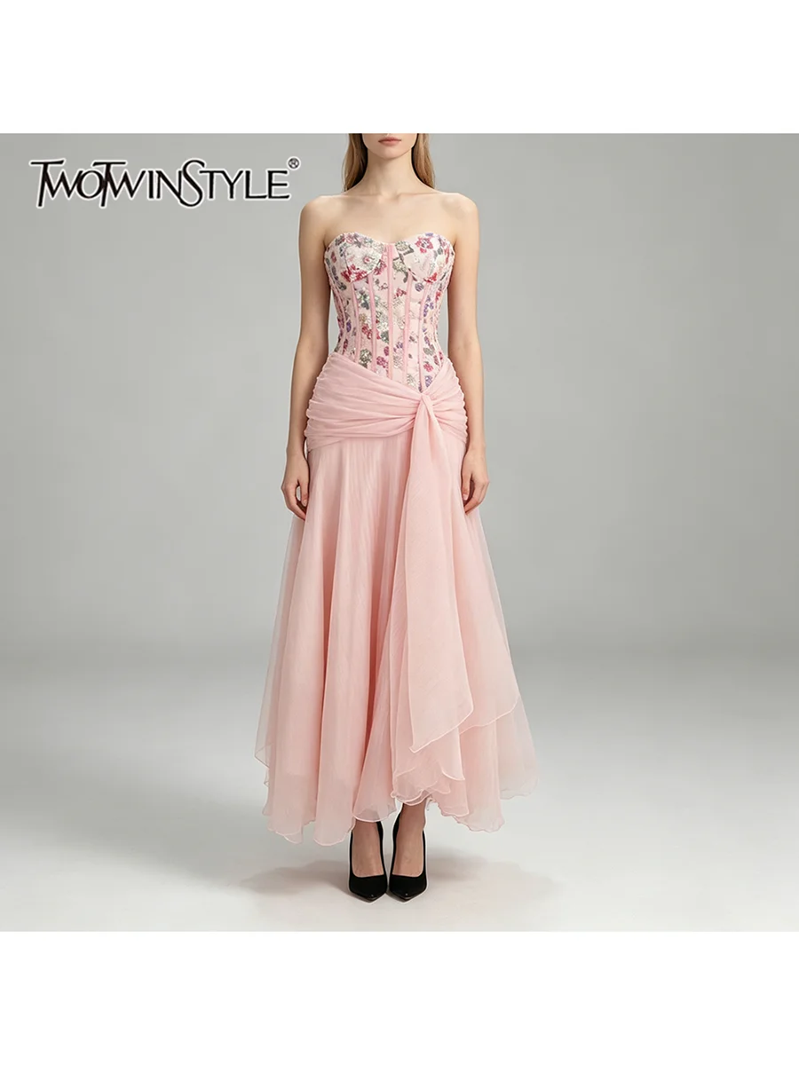 TWOTWINSTYLE Solid Spliced Floral Sequin Slim Dresses for Women Strapless Sleeveless Patchwork Zipper Dress Female Fashion New