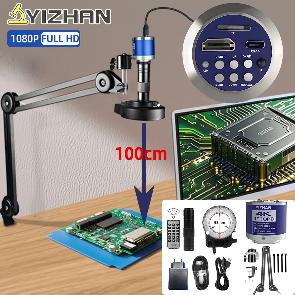YIZHAN Digital Microscope With HDMI USB-C 0-150X Lens Mount 4K 48MP 60MP 13MP Industrial Microscope Camera For Soldering/Dentist