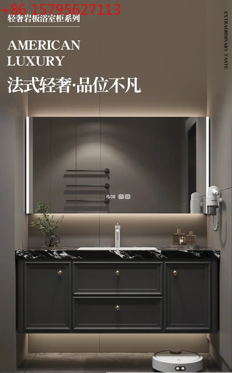 

Тумба-умывальник из массива дерева, комбинированный шкаф для ванной, французский умный шкаф для ванной комнаты, интегрированная раковина из гнутого камня.