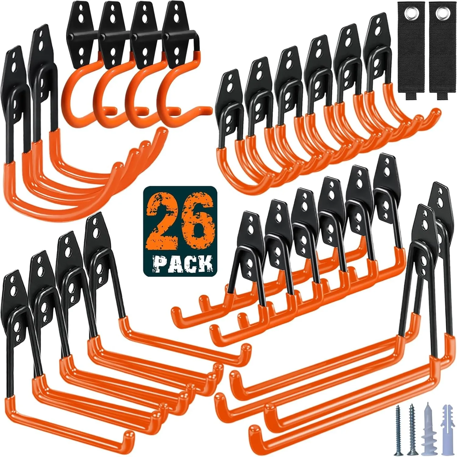 

26 Pack Garage Hooks Heavy Duty Utility Steel with Anti-Slip Coating Wall Mount Storage Organizer for Hanging Power and Garden