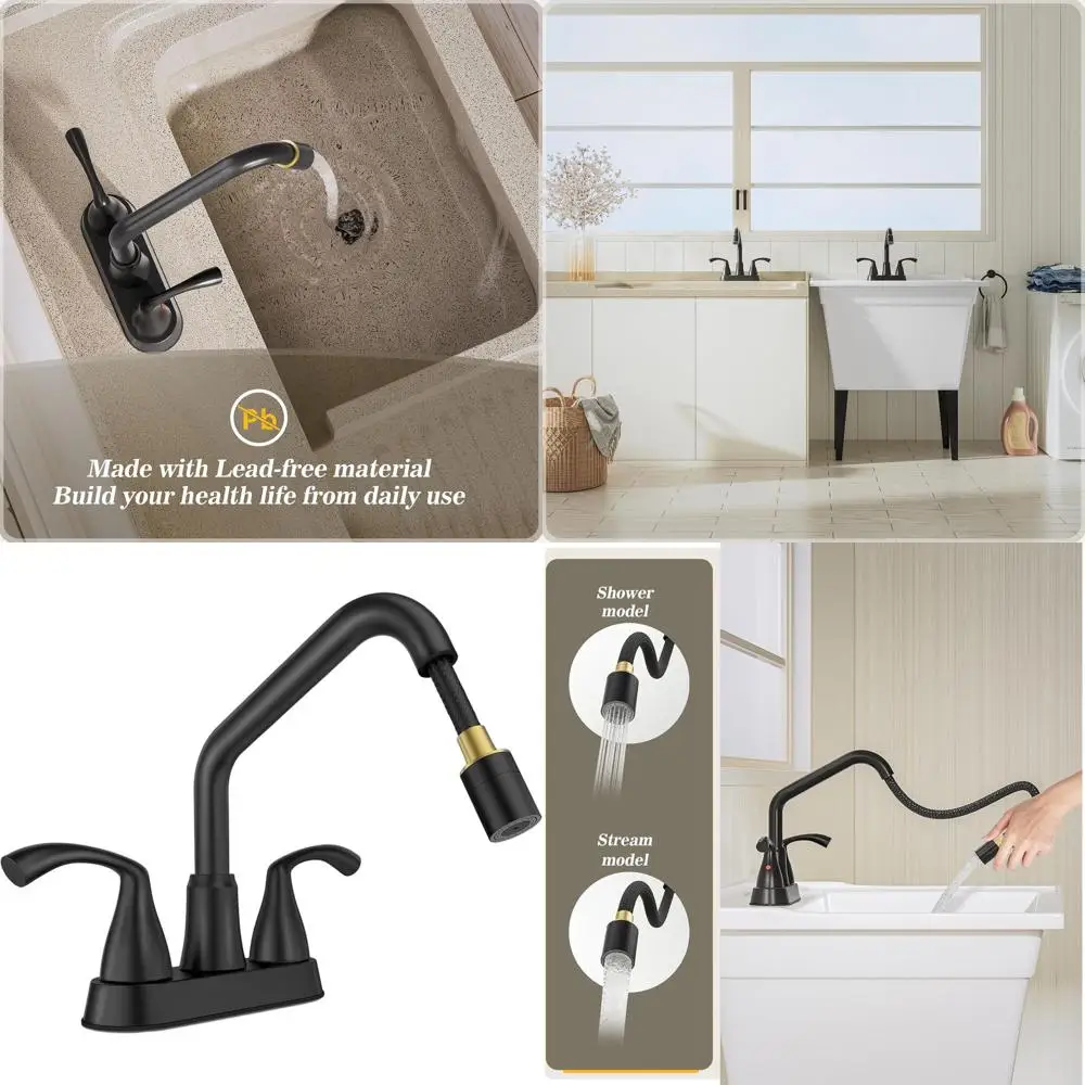 

3-Hole Dual Handle Laundry Sink Faucet with Pull-Out Spray, 4 Inch Center, Matte Black