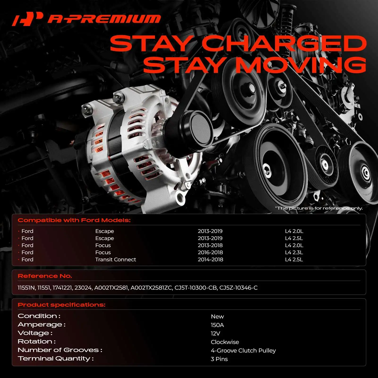 A-Premium Alternator for Ford Escape 2013-2019 Focus 2013-2018 Transit Connect 2014-2018
