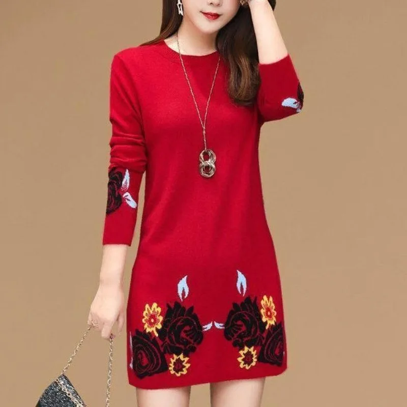 Autumn and Winter Women\'s Round Neck Long Sleeve Slim Pullover Plus Size Midi Underlay Printing Fashion Casual Office Lady Dress