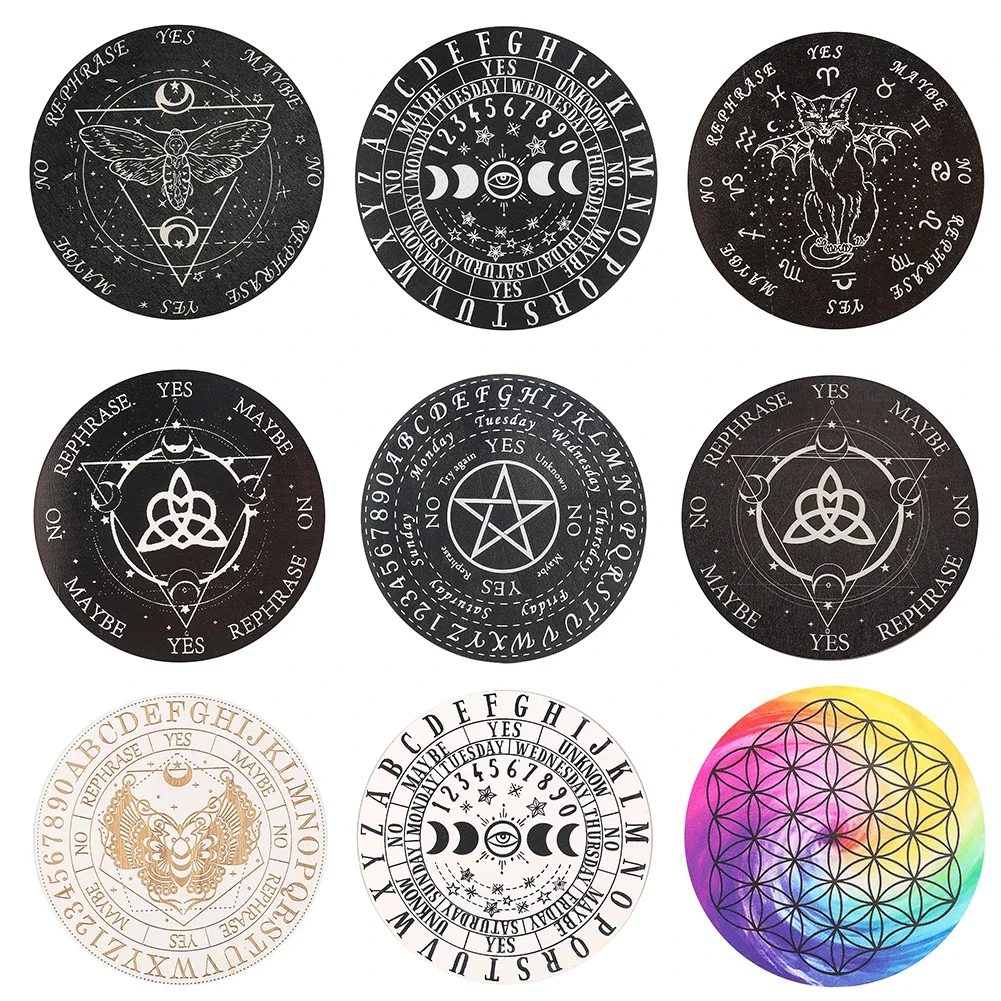 15CM Witchcraft Plank Pentagram Stars Celtic Knot Moon Phases Energy Round Wood Coaster Board Mat Wiccan Tarot Cards Props