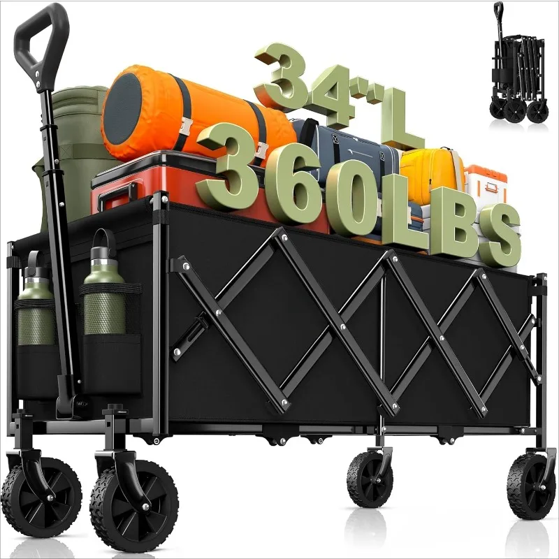

34'' Extra Long Collapsible Wagons Carts Foldable, 360LBS Heavy Duty Folding Beach Wagon Cart with Wheels, Portable Utility Outd