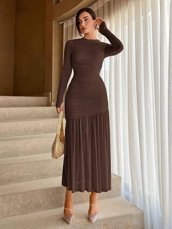 Elegant Pure Color Lace round Neck Dress Fashionable Women's Dress Stylish Gown Polyester Fabric A-Line Skirt Long Sleeve