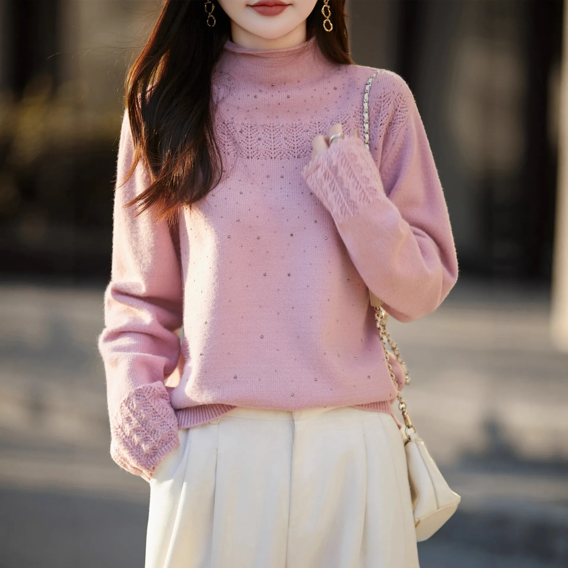 

Women Sweater Thick Warm Hollow Out Fashion Knitted Pullovers Mock Neck Long Sleeve Autumn Winter Bottoming Shirts Loose Jumpers