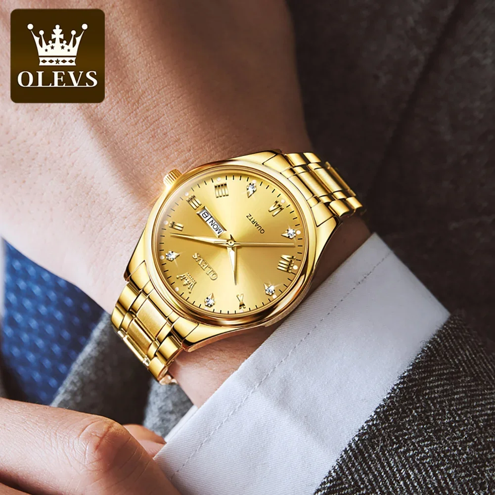 OLEVS 5563 Stainless Steel Strap Business Men Wristwatch, Waterproof Quartz Golden Diamond-encrusted Watches For Men Luminous