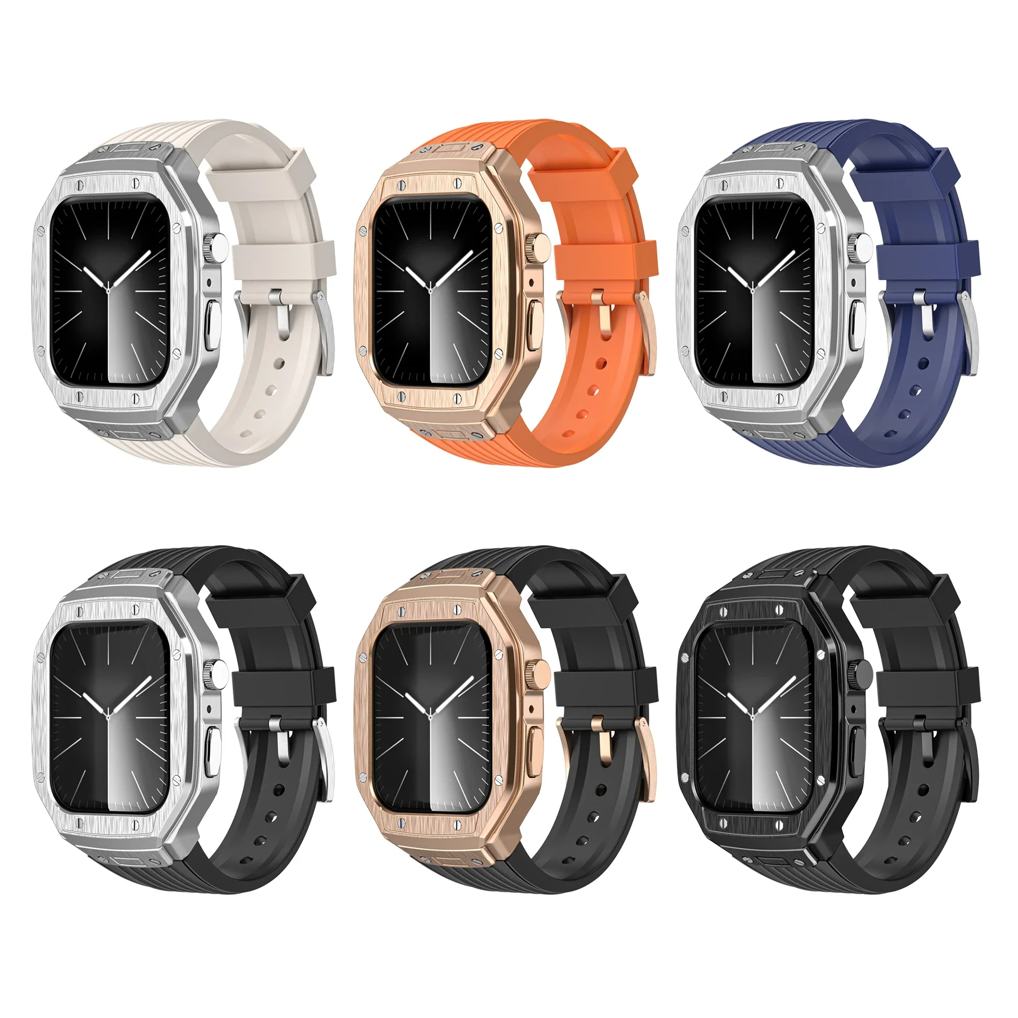 Luxury Metal Case Modification Kit for Apple Watch 9 8 7 44mm 45mm Men Case Silicone Sport Band for iWatch Series 6/5/4/se Strap