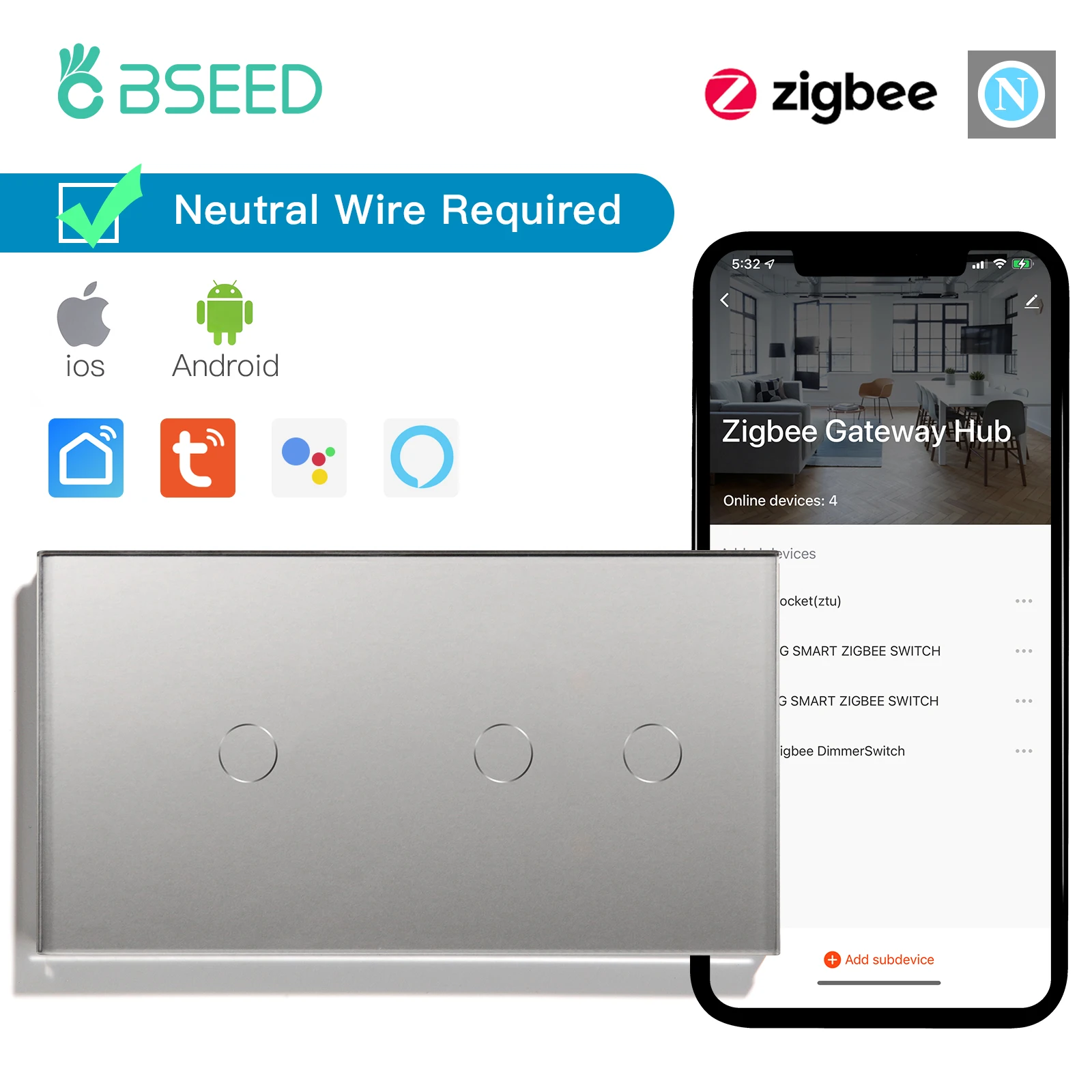 BSEED Zigbee 1/2/3Gang Touch Smart Switches 1/2/3Way Tuya Smart Life App-Steuerung mit EU-Wandsteckdosen, graue Serie 5