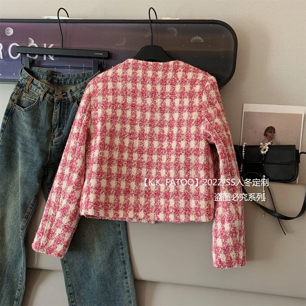 KUSAHIKI Tweed cappotto corto donna 2023 autunno coreano Hit Color Plaid giacca moda elegante o-collo monopetto Cardigan top