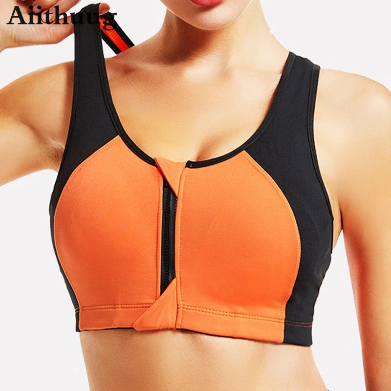 Aiithuug Zip Front Closure Racer Back Biustonosze do jogi Damskie seksowne biustonosze sportowe Push Up Bezprzewodowe biustonosze na siłownię z paskami o dużym wpływie