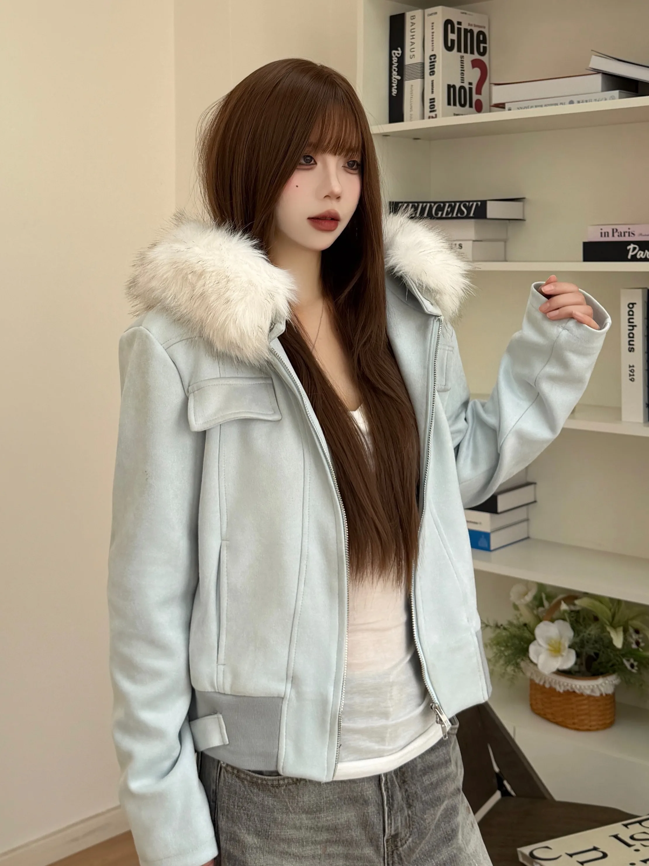 

Ретро-куртка женская из замши в американском стиле, осенне-зимняя, новая, в стиле «Spicy Girl», приталенная, с застежкой-молнией и воротником, подчеркивающая талию