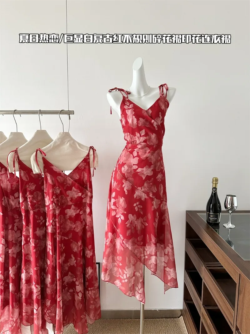 

Retro V-neck Irregular Floral Dress Women's Summer Lace-up Printed Slim Fit Strap A-line Long Dress Fashion Female Clothes