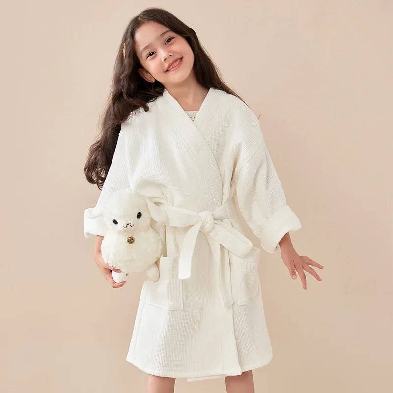 children's Pure Cotton Robes Waffle Solid Bath robes Kids Thicken Sleepwear with Belted Soft Warm homewears for Girls Boys