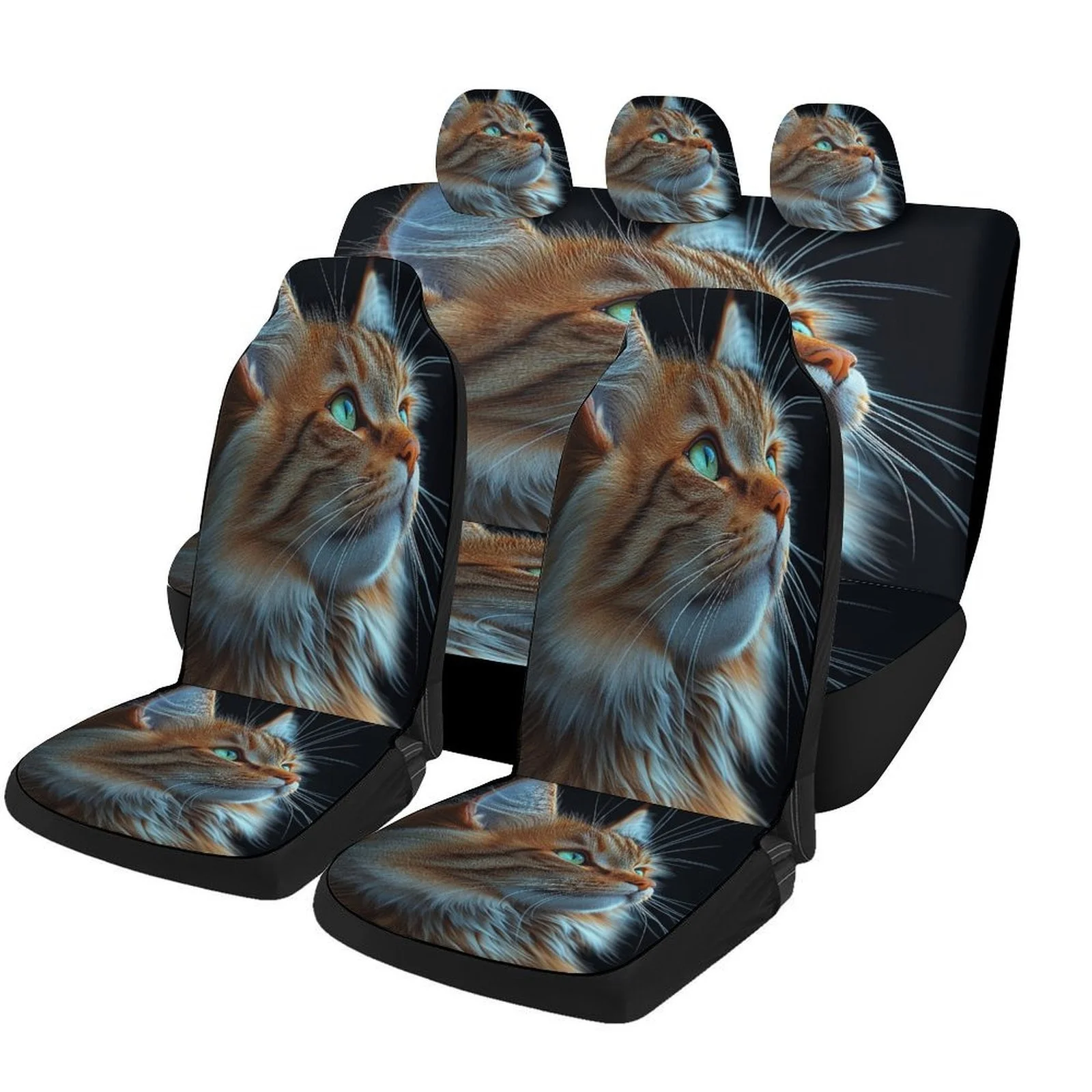 Golden Cat Portrait Car Seat Cover Set - Stylish & Golden Design, Durable Polyester, Fits Most Cars, Includes Front & Rear Seat