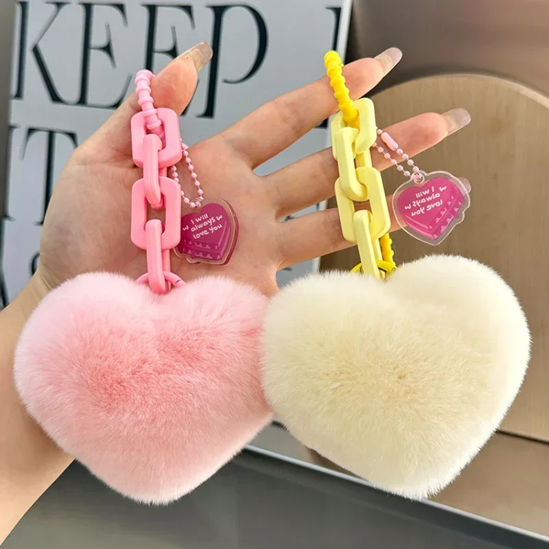 Wholesale Real Rex Rabbit Fur Heart Keychain Creative Silicone Cute Heart Bag Charm Car Keychain Decoration Accessories Gifts