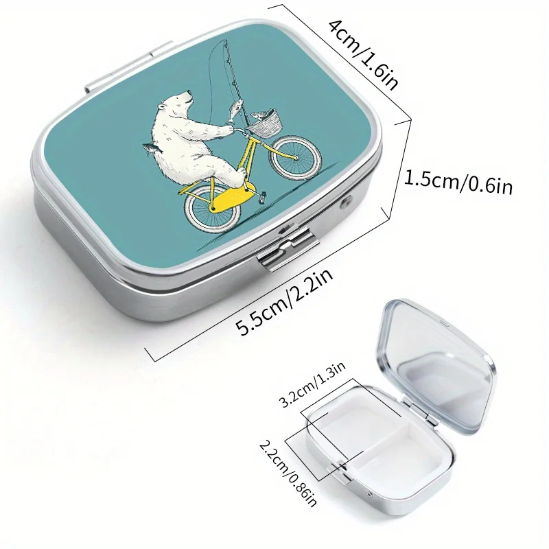 Riding Polar Bear Printed Square Medicine Box, Mini Portable Medicine Box for Travel Activities, Sealed and Moisture-proof