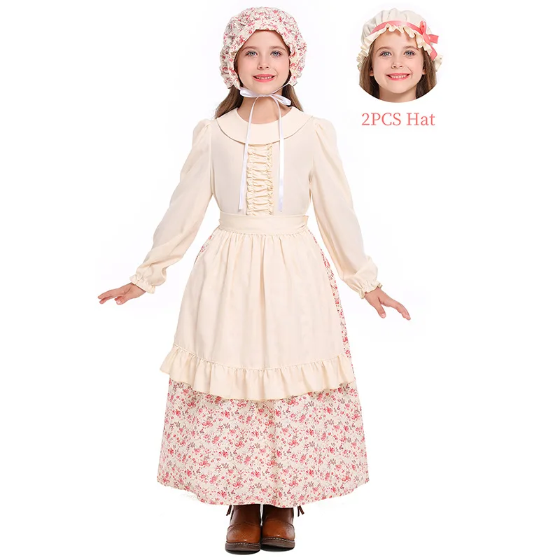 Umorden American Colonial Prairie Pioneer Girl Costume for Kids Child Tween Teens Girls 4-14Y With 2 Hats Pink Blue Farm Dress