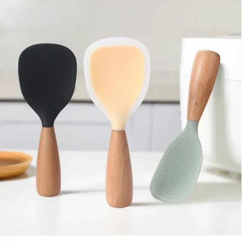 1Pcs Silicone Rice Spoon Kitchen Utensils Cooking Ladle Rice Spatula Korean Rice Paddle Spoon Reusable Scoop Wood Handle