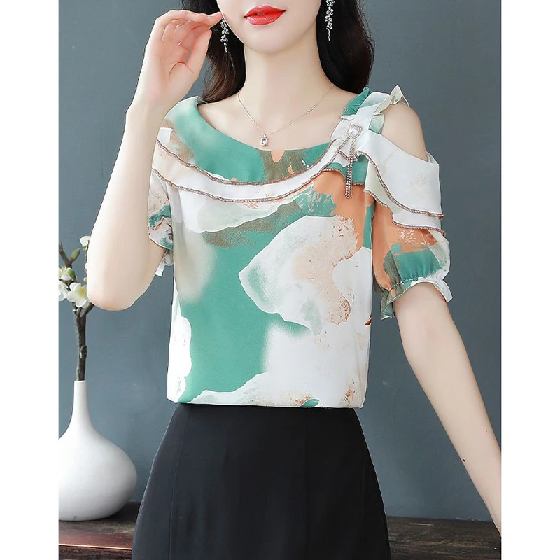 Summer Elegant Fashion Ruffles Hollow Out Chiffon Blouse Female Loose Casual All-match Vintage Blouse Women Short Sleeve Shirt