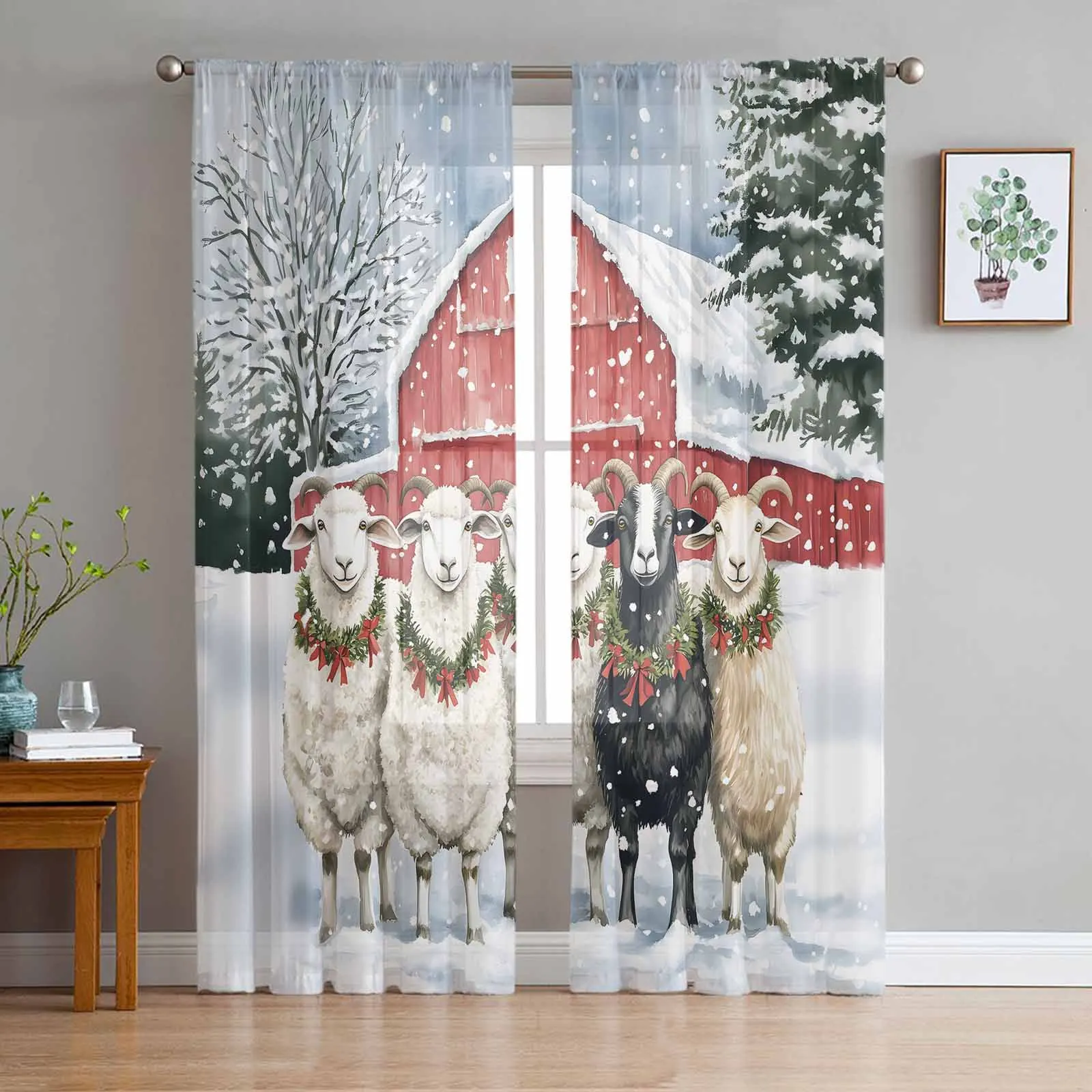 Christmas Sheep Snow Curtains Decorations For Home Window Tulle Curtains For Living Room Bedroom