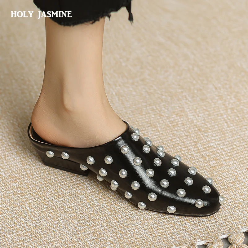 Women's Shoes 2024 Summer Qulaity Genuine Leather Med Heels Open Toe Black Apricot Rivets Dress Casual Lady Sandals Shoes Women