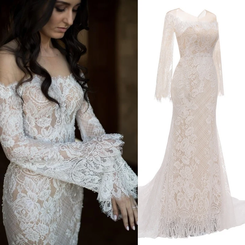 Nude vintage long Off shoulder lace fabric flare sleeve a line wedding dress bridal gown Customzied