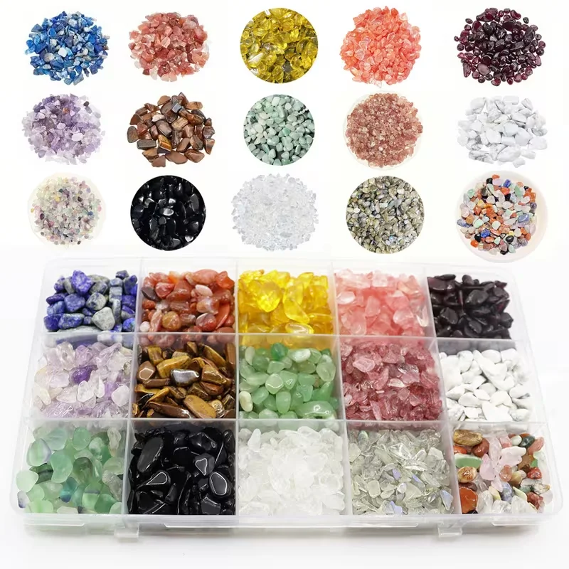 

1 box of natural crystal broken stones with 15 styles, polished irregular shapes, mixed colors, suitable for crystal making, gif