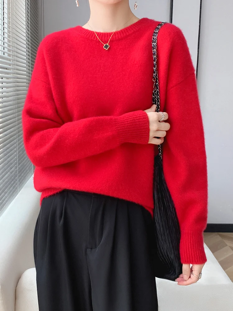 Fashion Elegant Autumn Winter Women O-Neck Cashmere Sweater 100% Merino Wool Pullover Loose Comfort Female Knitwear Clothing