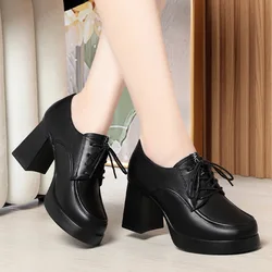 Classic Soft Deep Mouth Women Pumps Shoes Genuine Leather Round head Lace Up Fashion Thick High Heel Shallow Solid Casual Female