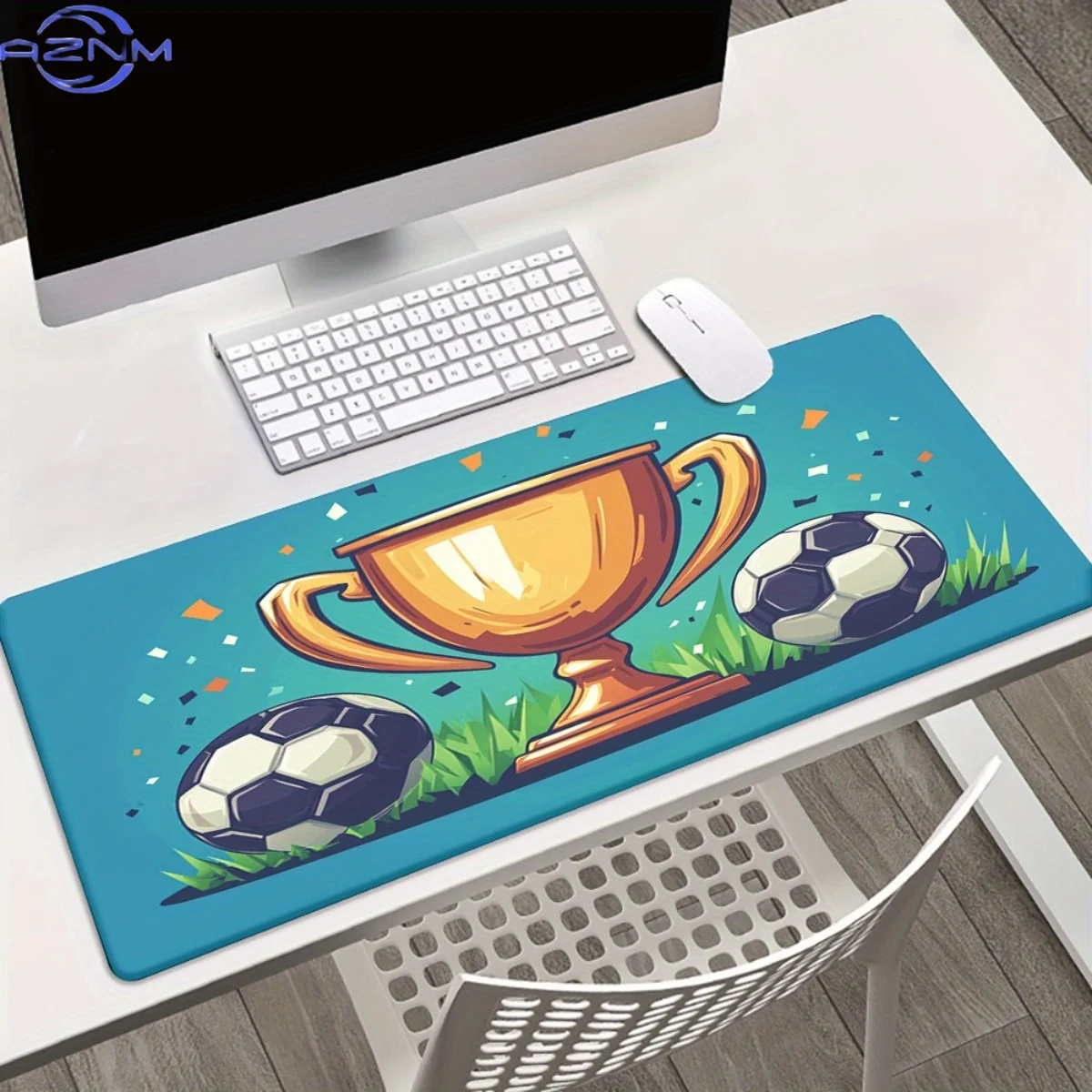 1pc a Soccer Trophy-Themed Gaming And Office Desk Mat - an Oversized XXL Non-Slip Mouse Pad Featuring a Trophy Cup on a Blue Bac