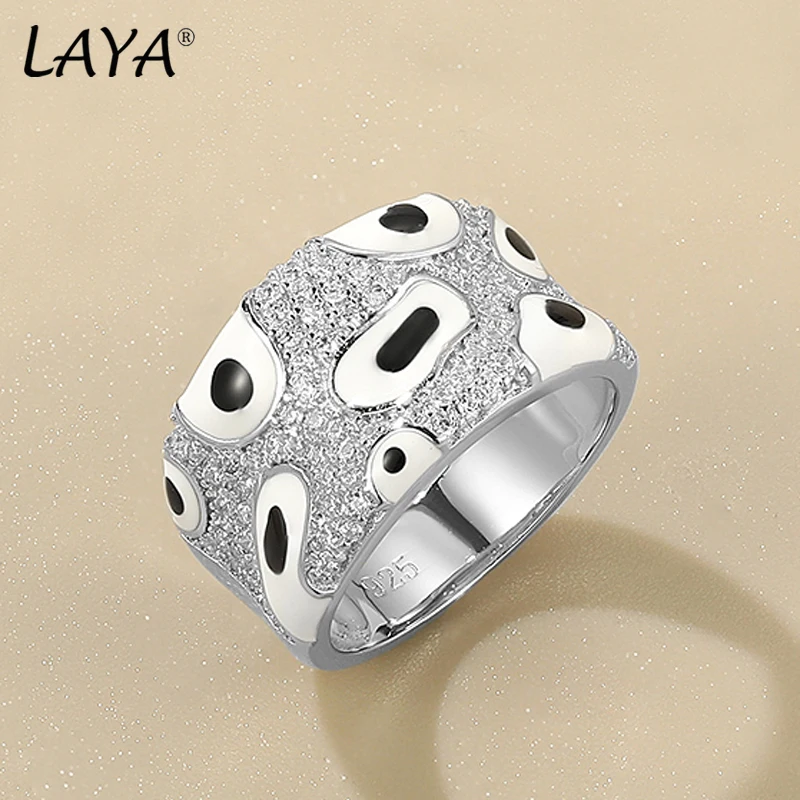 LAYA 925 srebrny pierścionek dla kobiet minimalistyczny wzór w cętki lśniący cyrkon Handmade emalia Piercing Ear Fine Jewelry