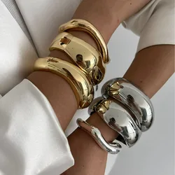 Punk Vintage Wide Cuff Bangles Hip Hop Gold Silver Color Geometric Metal Spring Bangles For Women Bracelets Fashion Jewelry