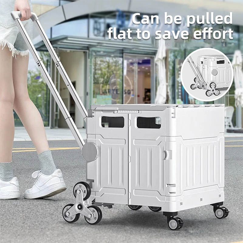 65L Folding Portable Shopping Carts, Hand Pushing Picnic Camping Trolley Vegetable Basket Trolley Climbing Stairs Shopping Cart