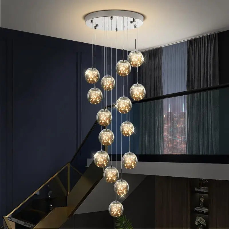 Modern Gypsophila LED Chandelier Glass Ball Lampshade  Pendant Lamp  For Staircase Duplex Building Villa Loft Hollow living room