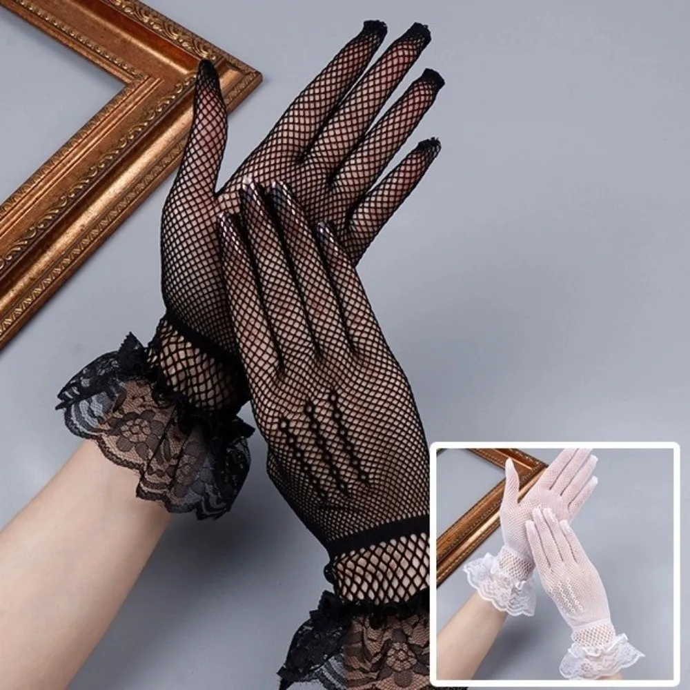 Soft Ruffle Lace Mittens Hollow Out Full Finger Fishnet Mesh Gloves Thin Mesh Driving Gloves