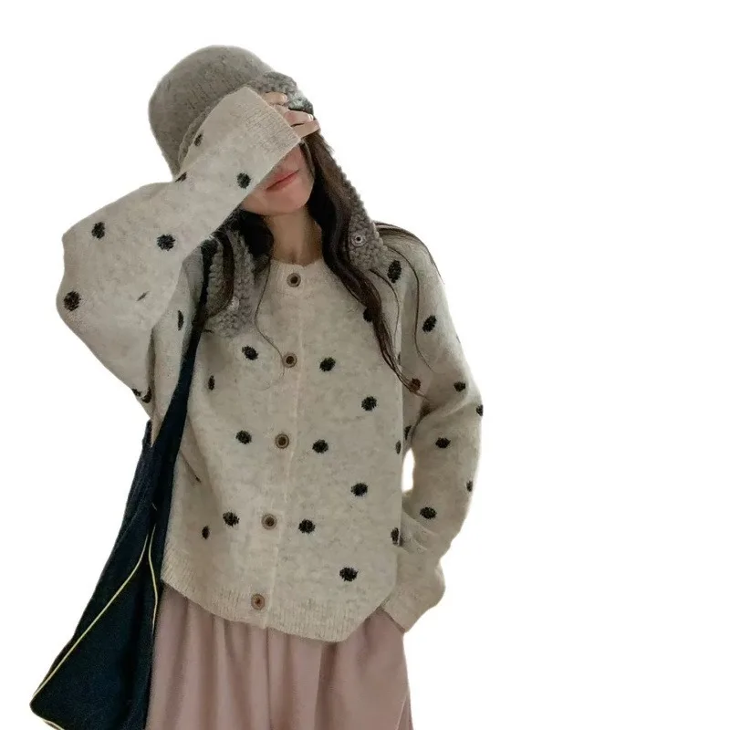 

Кардиган в горошек 2025 K-Fashion на пуговицах спереди, свободный крой, средний вес, осень-зима, серый цвет слоновой кости, кофейный, повседневный, шикарный