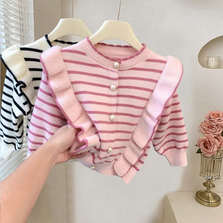 Girls\' autumn dress girls\' ruffled sweater + pink lace bell bottoms knitted cardigan top horn spring autumn two-piece set tide